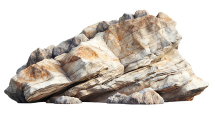 Detailed close up of a large stratified rock formation featuring beautiful beige and ochre mineral streaks against a transparent background perfect for layering scenes