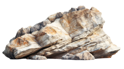 Detailed close up of a large stratified rock formation featuring beautiful beige and ochre mineral streaks against a transparent background perfect for layering scenes