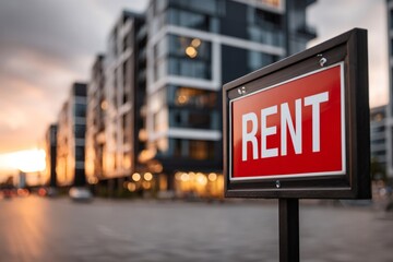 Rent sign standing urban street against residential buildings