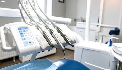 Modern dental chair unit with professional tools and instruments in a bright, sterile stomatology clinic.