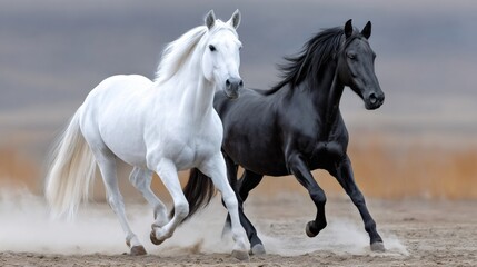 Obraz premium White and black horses galloping through dust
