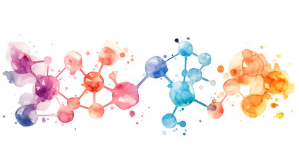 Watercolor molecule structure design featuring colorful vibrant spheres connected by lines suggesting complex organic chemistry or scientific research concepts