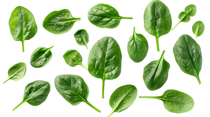 Collection of fresh vibrant green spinach leaves scattered and floating against transparent background symbolizing healthy eating