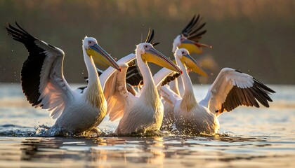 Flock of Great White Pelicans splashing in water at sunrise, wings spread