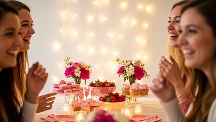 a group of young women enjoying a cheerful celebration with desserts and twinkling lights high quality professional