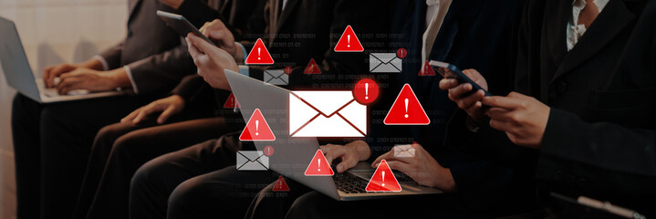 Concept of a cybersecurity warning for unsafe email communication. This alert signifies a phishing attack, spam, or malware risk that requires immediate attention to prevent fraud. Fermion