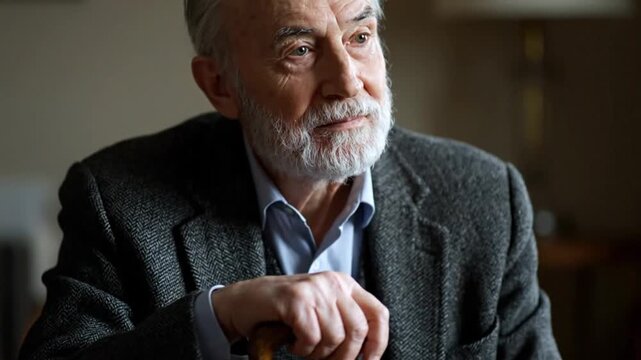 Thoughtful senior man with white beard holding a walking stick indoors