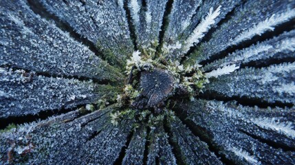 A close up of a tree trunk covered in ice. Concept of stillness and tranquility, as the ice-covered branches seem to be frozen in time. The blue color of the ice adds a calming