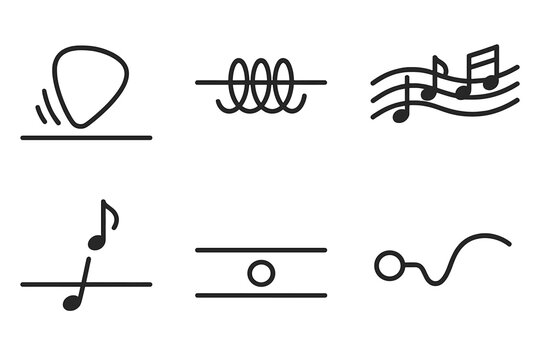 Plucked String Elements. Plucked string expression: Line style icons of pick hit, vibrating coil, melody trace, note lift, fret