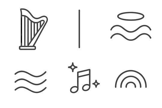 Angelic Harp Icons. arp string angelic: Line style icons of harp frame, long strings, angelic halo, soft waves, melody spark,