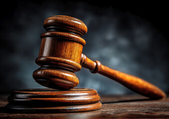 A crafted wooden gavel lies on a polished table, exuding a sense of authority. The dim lighting adds depth, evoking the serious atmosphere of a courtroom.