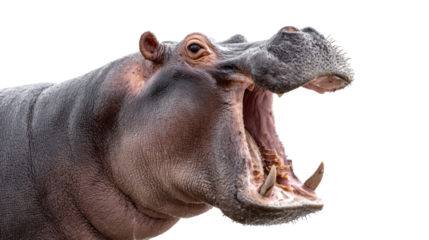 Hippopotamus with widely open mouth, displaying impressive teeth and tusks, representing power, danger, and wildlife. Transparent background