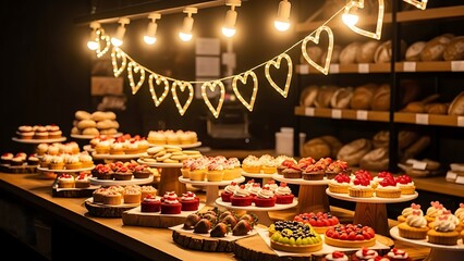 a beautifully decorated bakery display filled with a delightful assortment of cakes pastries and illuminated