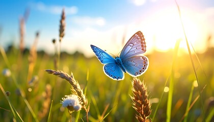 Blue Butterfly in Meadow with Golden Sunlight