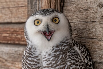 Fototapeta premium Close up of a snowy owl with bright yellow eyes and open beak