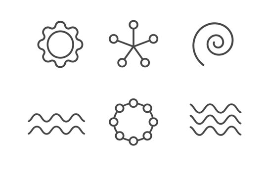 Fractal Geometry Icons. Line vector icons of fractal-inspired generator: fractal loop, recursive node, spiral arc, repeating band,