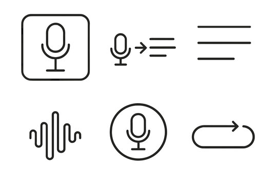 Voice Dictation Icons. Line vector icons of voice dictation: microphone frame, speech-to-text arrow, text stripes, sound-wave arc,