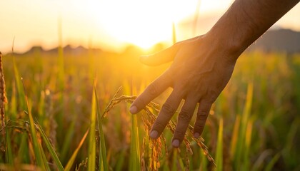 Farmer's Hand Gently Touching Ripe Rice Grains in Golden Sunset Field