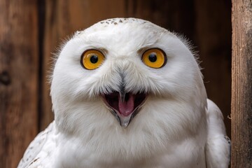 Naklejka premium Close up portrait of a white owl with open beak and bright yellow eyes