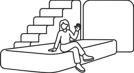 Woman sitting on bed on transparent background, outline art of happy young lady waving hand