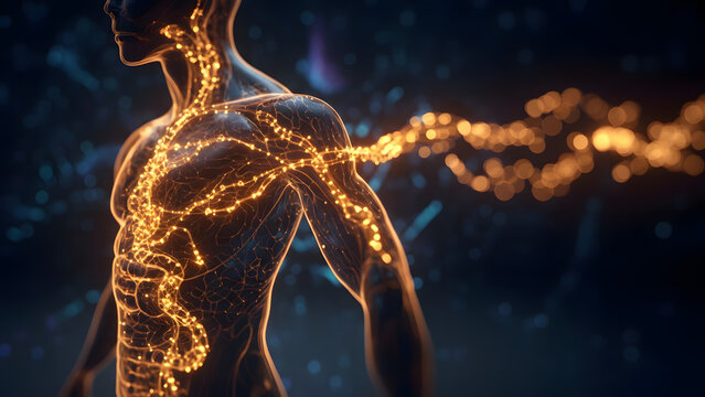 Human body with glowing neural network and energy pathways, representing advanced biological technology. - Powered by Adobe