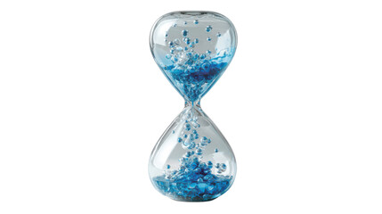 Hourglass filling with bright blue bubbly liquid, representing concepts of time management, flow, life, and countdown