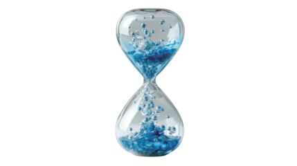 Hourglass filling with bright blue bubbly liquid, representing concepts of time management, flow, life, and countdown