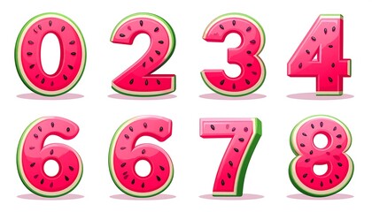 Cartoon watermelon numbers set with juicy pink flesh, black seeds, and green rind. A fun, fruity 3D font isolated on white.