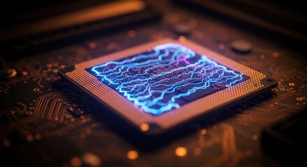 Macro view of a futuristic processor with glowing electric currents, symbolizing advanced technology and innovation