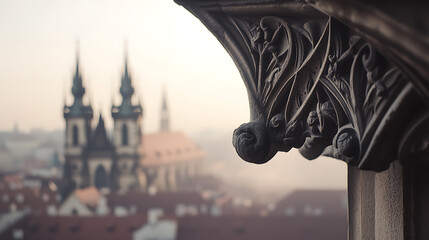 Gothic Architecture with ornate stone carvings. Prague's historic buildings. Towers rise in misty distance. Rooftops of the old city in morning glow. European charm and history.