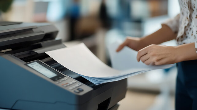 A person loads a stack of white paper into a modern office printer for copying or scanning, highlighting document management in a business setting. Efficiency at work!