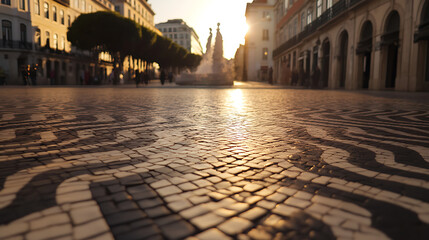 Experience the captivating blend of light, shadow, & urban artistry in this street scene. The patterned cobblestone reflects sunlight, inviting you to wander & explore.
