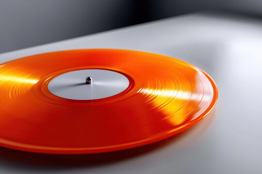 Unique bright orange vinyl record on a turntable with polished surface
