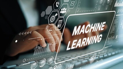 Hands Typing on Laptop with Overlay of Machine Learning Graphics and Data Analytics Visuals. Asymptotic smart data analytic.