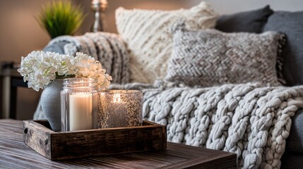 Cozy living room vignette with blanket and candle cluster