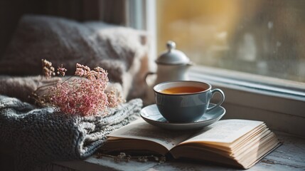 Cozy morning ritual with tea and book near window