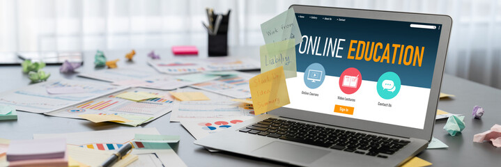 Sticky note for creative and analytic brainstorm for business idea with BI data dashboard on laptop screen. Analysis financial data visualization tech for marketing strategy. Prodigy