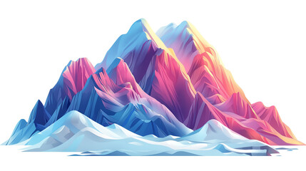 Stylized vibrant low poly mountain range illustration featuring dramatic peaks illuminated by pink and blue light above a snowy foreground element