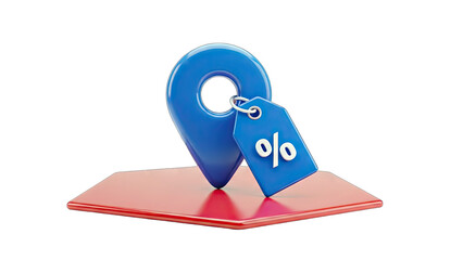 Location Pin with Discount Tag on Red Surface