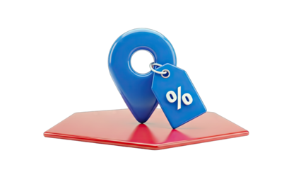 Location Pin with Discount Tag on Red Surface