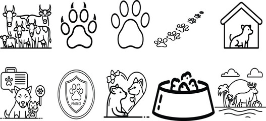 Collection of various animal related line art icons