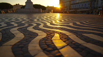 Golden hour bathes a mesmerizing, wavy patterned cobblestone square. A captivating urban landscape where architecture meets artistry in a warm, inviting glow.