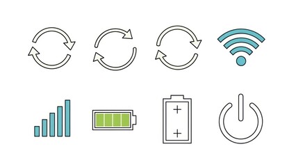 Set of tech icons power battery signal wifi and refresh symbols