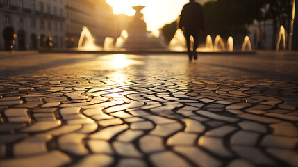 Golden light bathes the cobblestone street, reflecting off the fountain's water, creating a radiant urban scene with a lone figure strolling into the warmth.