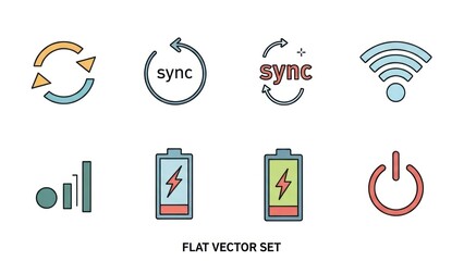 Flat vector icons set synchronization power battery and wireless signals