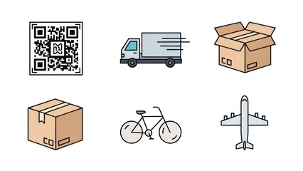 Delivery and transportation icons qr code truck airplane boxes and bicycle