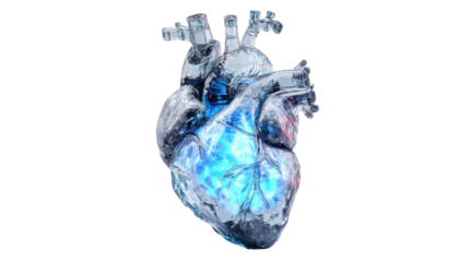 Glass human heart with internal blue and red glow, symbolizing strong emotions, vitality, and advanced healthcare technology