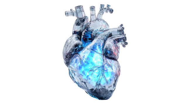 Glass human heart with internal blue and red glow, symbolizing strong emotions, vitality, and advanced healthcare technology