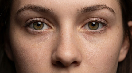 Extreme close-up portrait of a young woman with freckles and hazel eyes