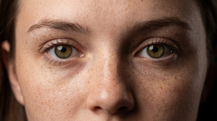 Extreme close-up portrait of a young woman with freckles and hazel eyes